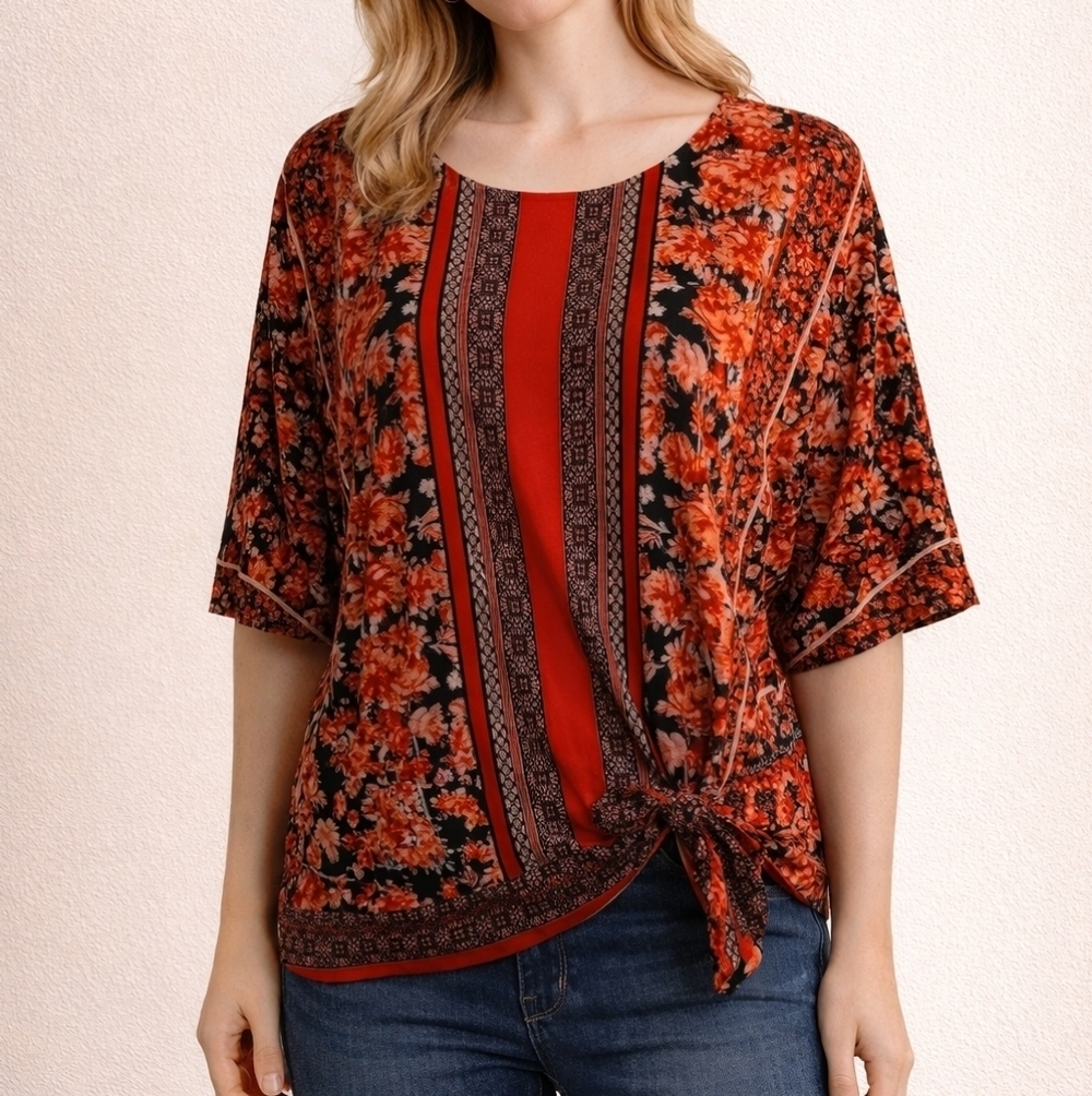 3/$30 Roz & ALI Coral Floral Rose Stripe Waist Tie Blouse FLAWED